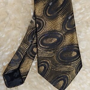 Vintage 1980s Skinny Metallic Gold and Black Patterned Men's Tie